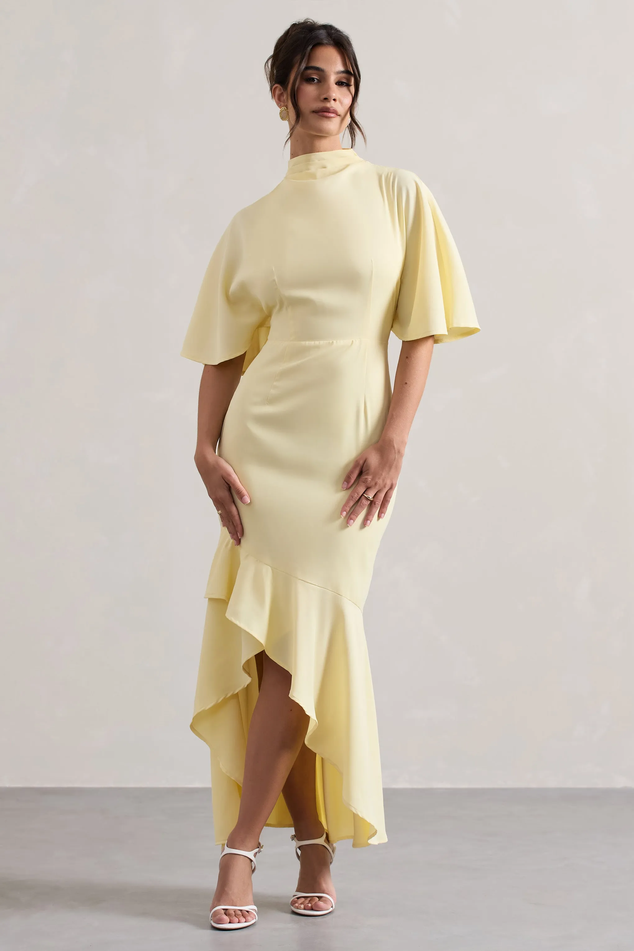 Lavinia Yellow Maxi Dress with High Neck, Flutter Sleeves, and Asymmetric Hem