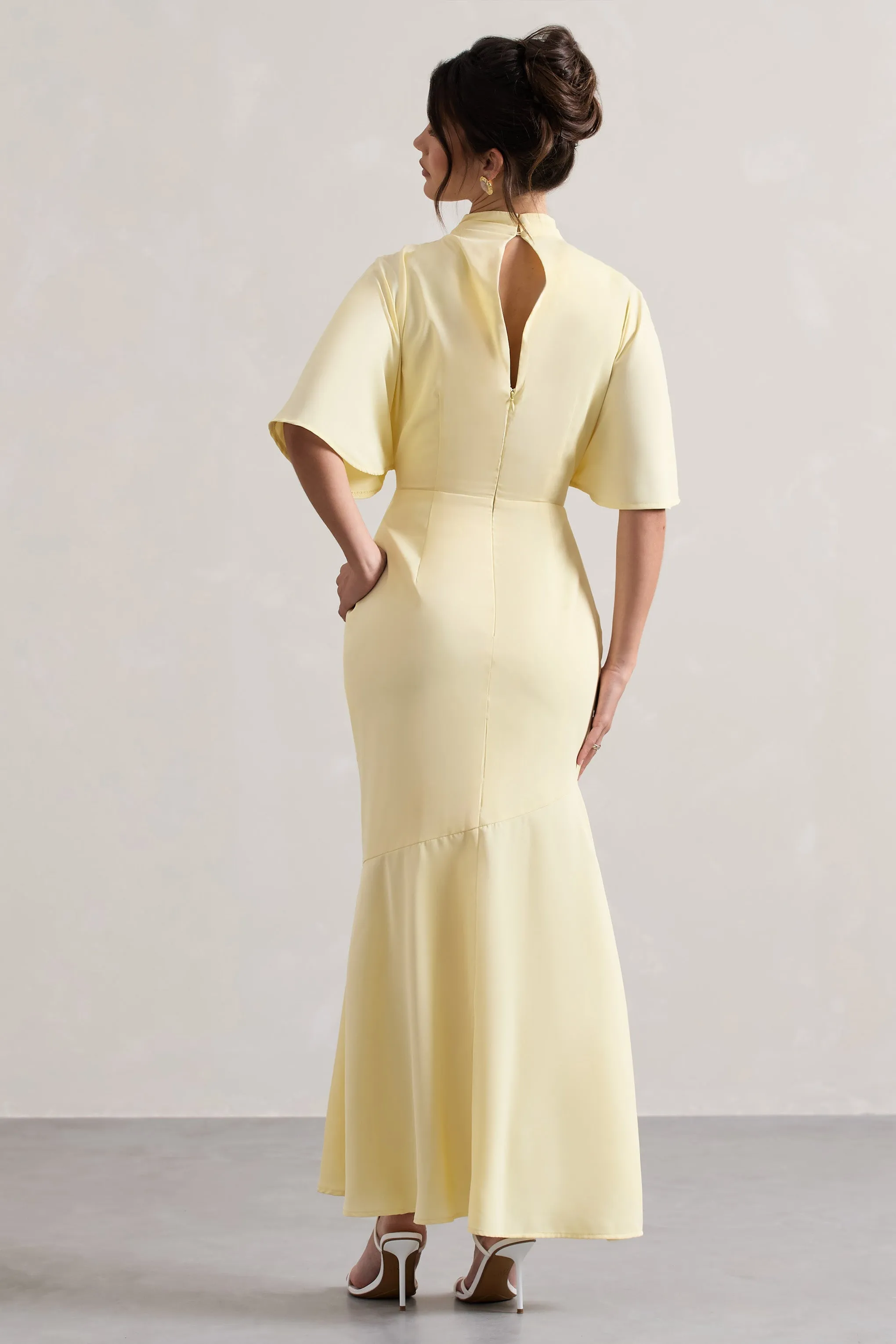 Lavinia Yellow Maxi Dress with High Neck, Flutter Sleeves, and Asymmetric Hem