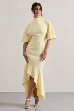 Lavinia Yellow Maxi Dress with High Neck, Flutter Sleeves, and Asymmetric Hem