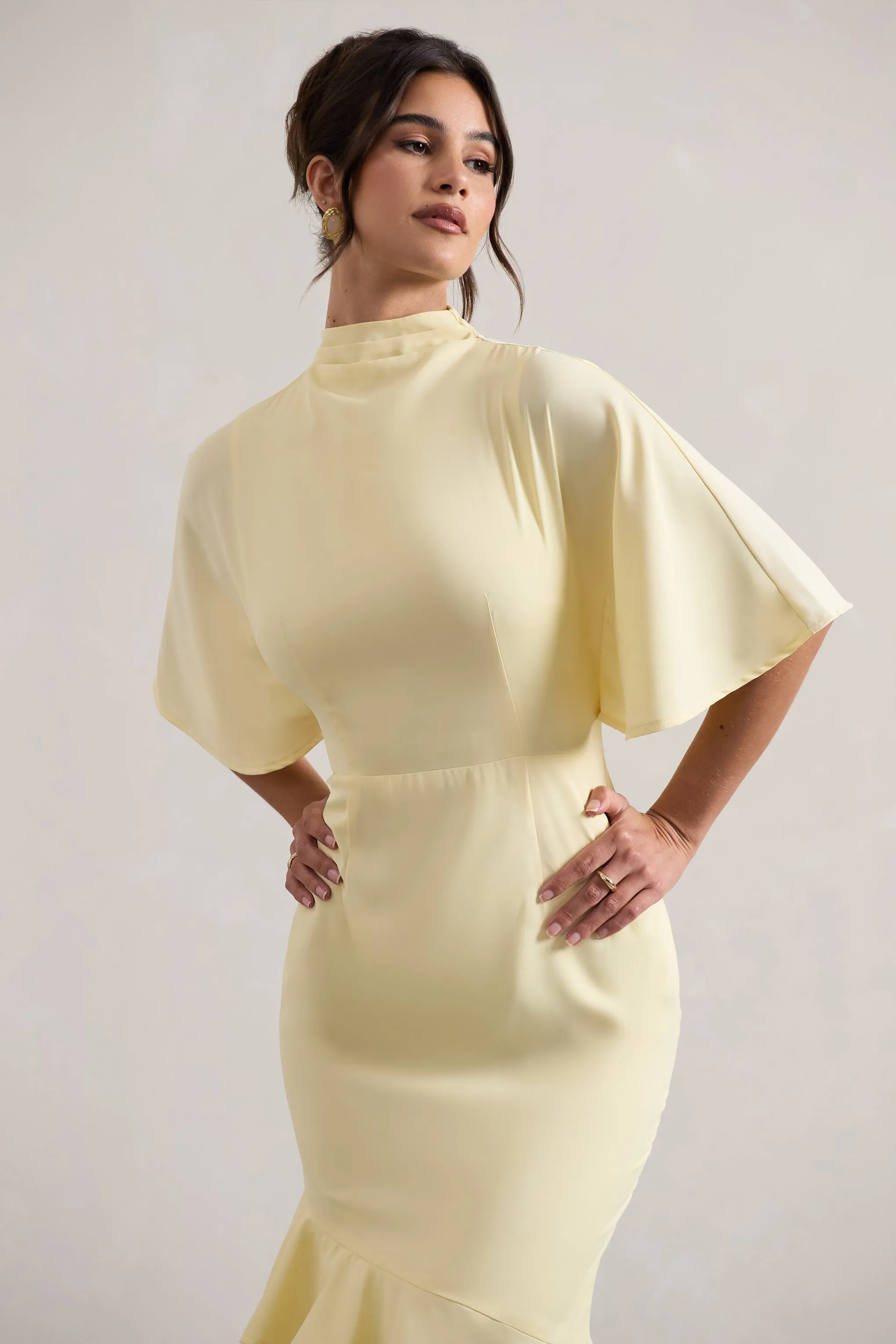 Lavinia Yellow Maxi Dress with High Neck, Flutter Sleeves, and Asymmetric Hem