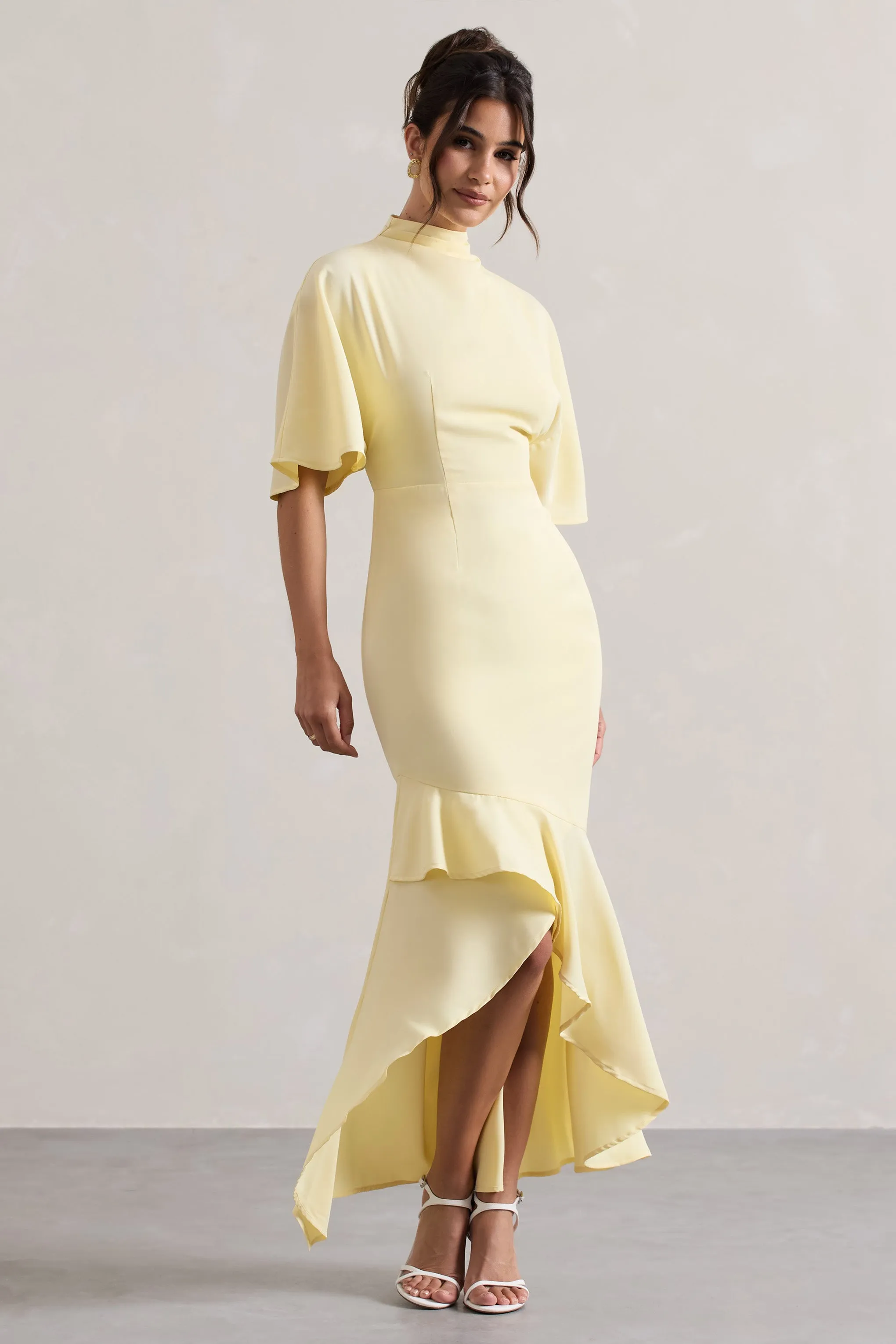 Lavinia Yellow Maxi Dress with High Neck, Flutter Sleeves, and Asymmetric Hem