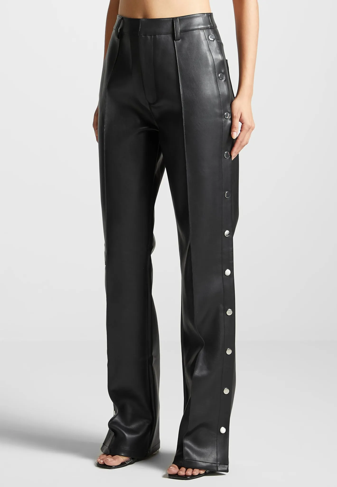 Leather Pintuck Popper Trousers - Black