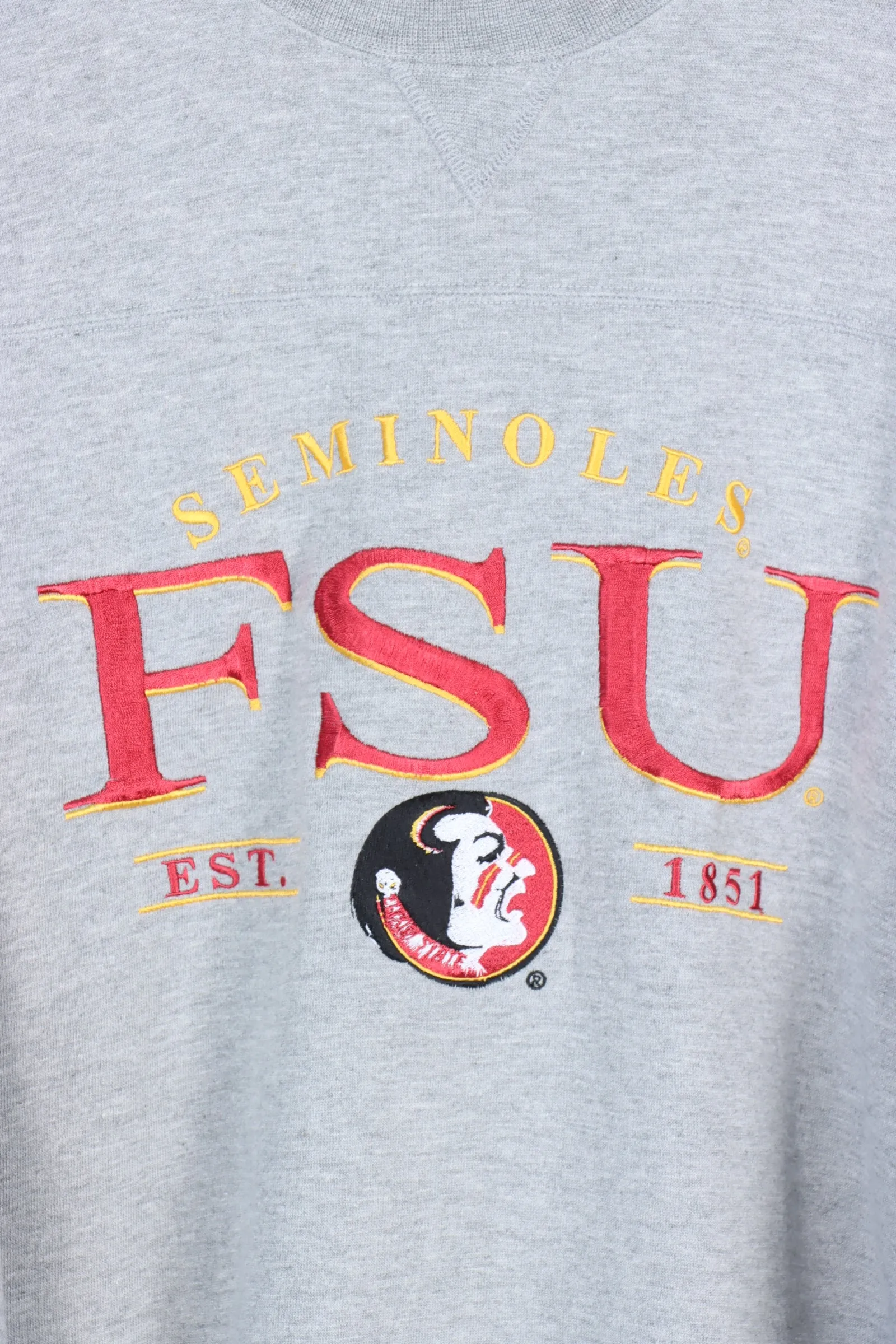 LEE Seminoles Florida State University Embroidered Gray College Sweatshirt Size XL.