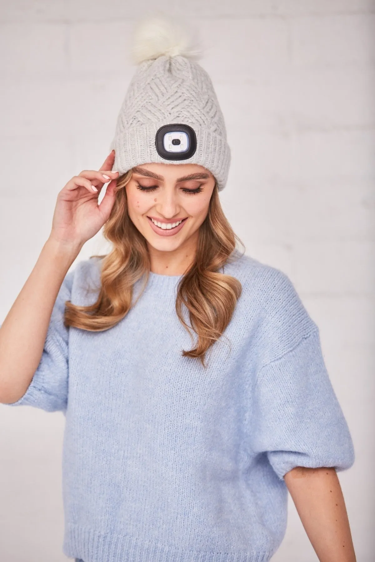 Light Grey Chunky Knit Hat With LED Torch