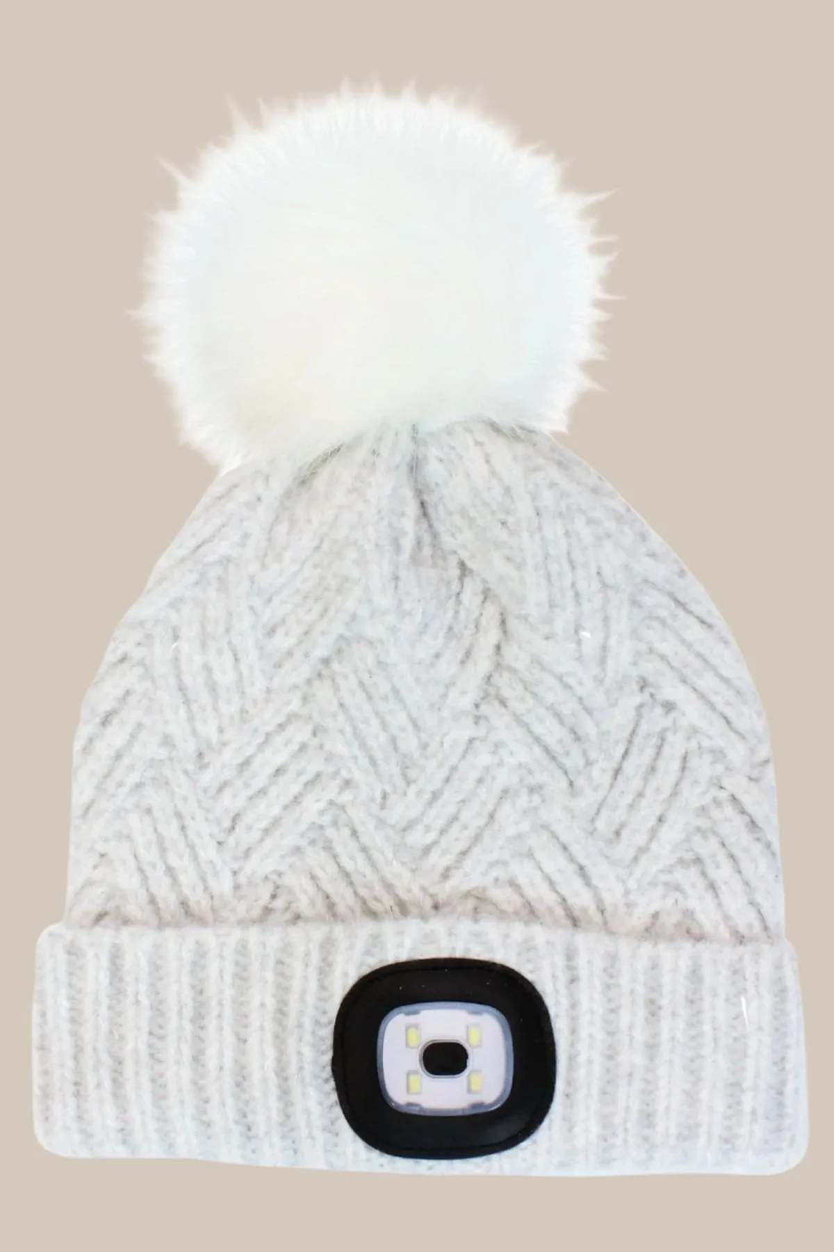 Light Grey Chunky Knit Hat With LED Torch