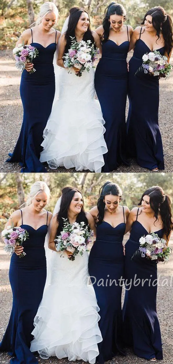 Long Satin Mermaid Bridesmaid Dresses with Spaghetti Straps