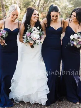 Long Satin Mermaid Bridesmaid Dresses with Spaghetti Straps