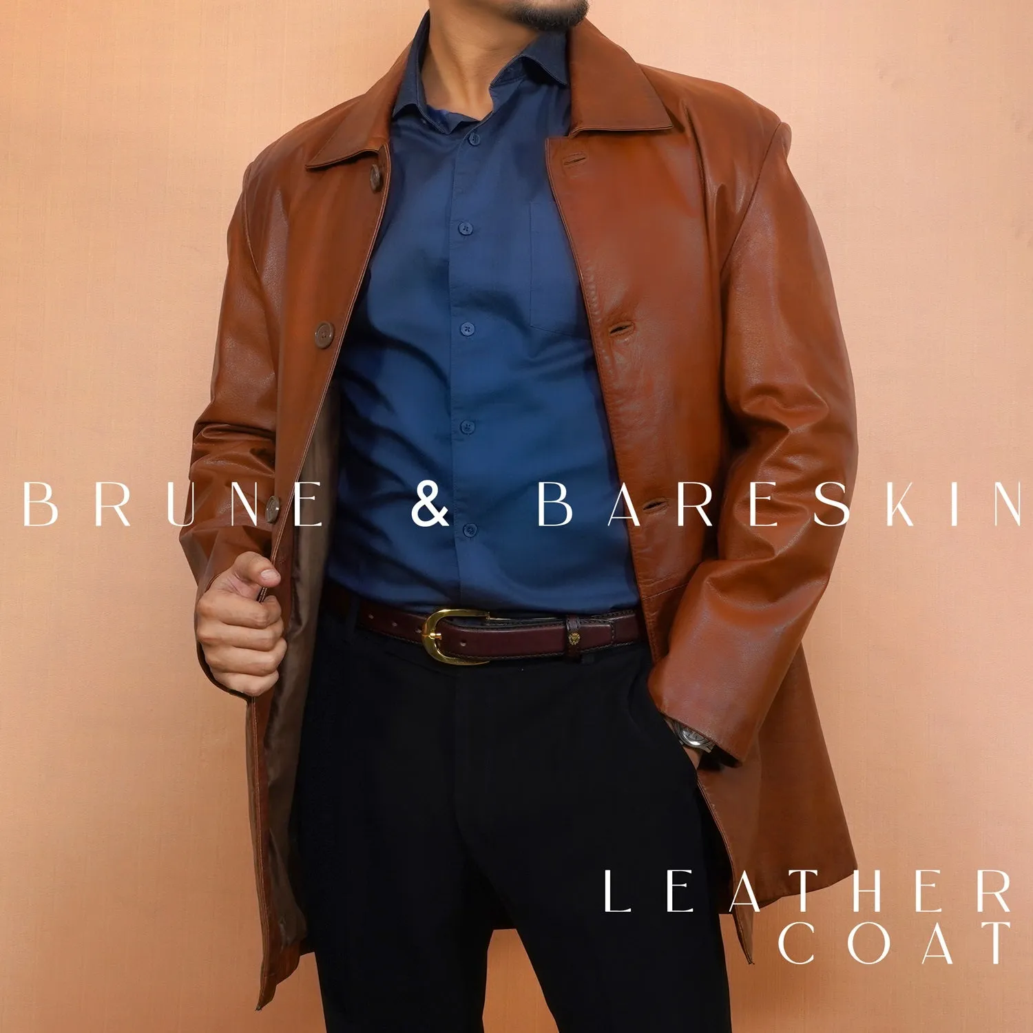 Long Shirt Style Collar Cognac Leather Jacket Coat With Button Closure By Brune & Bareskin