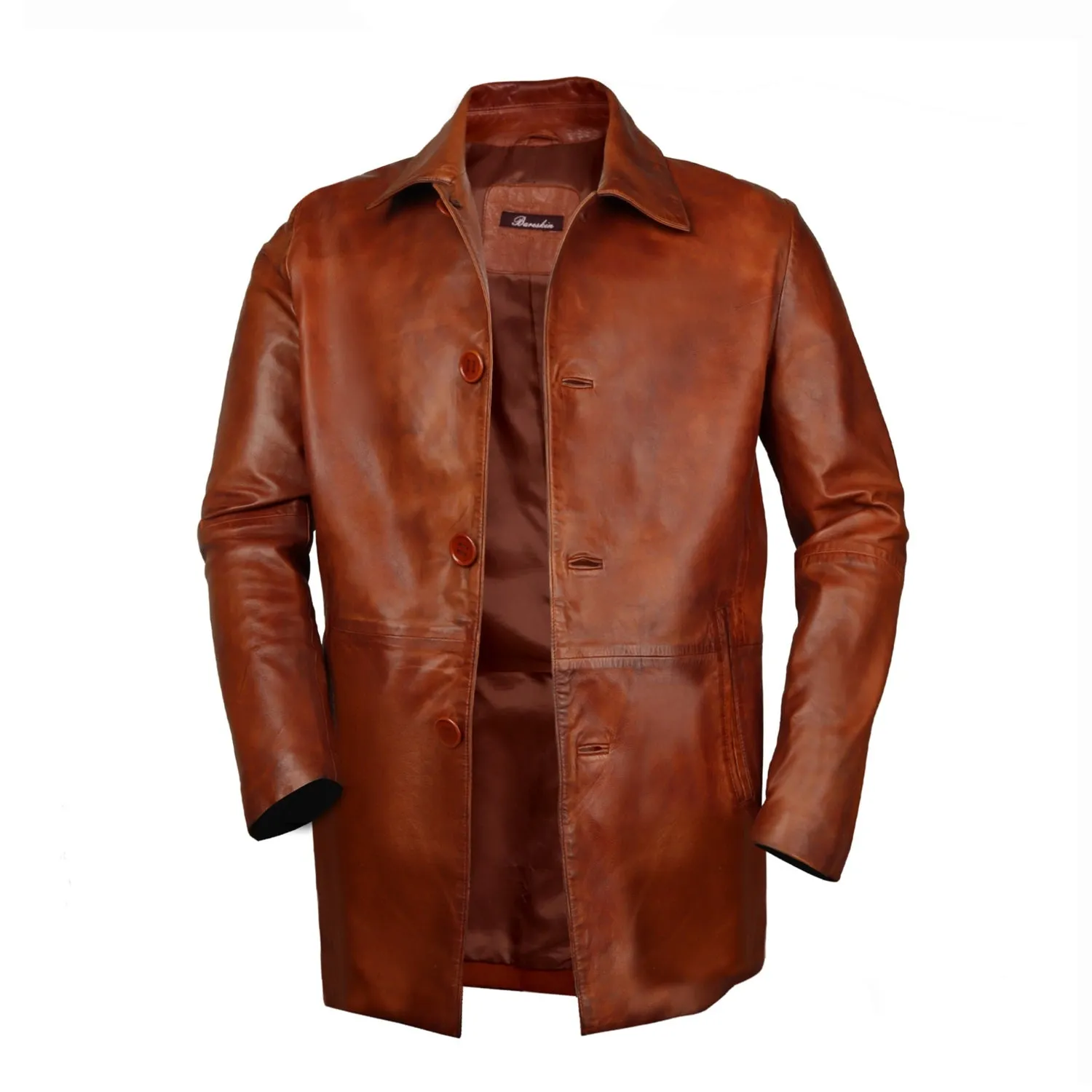 Long Shirt Style Collar Cognac Leather Jacket Coat With Button Closure By Brune & Bareskin