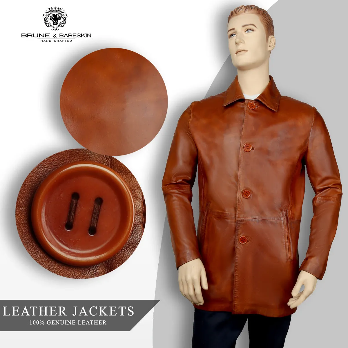 Long Shirt Style Collar Cognac Leather Jacket Coat With Button Closure By Brune & Bareskin