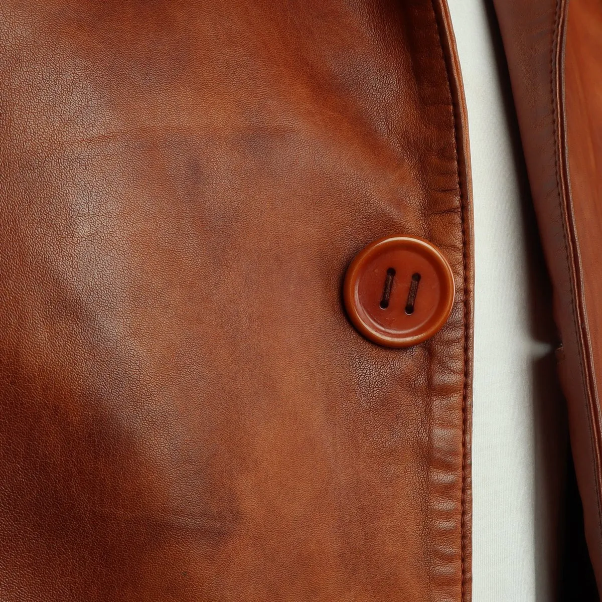 Long Shirt Style Collar Cognac Leather Jacket Coat With Button Closure By Brune & Bareskin