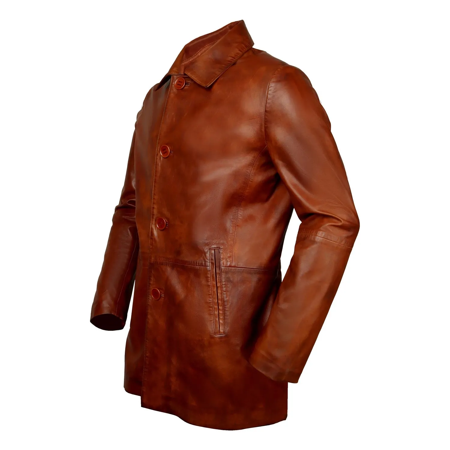 Long Shirt Style Collar Cognac Leather Jacket Coat With Button Closure By Brune & Bareskin