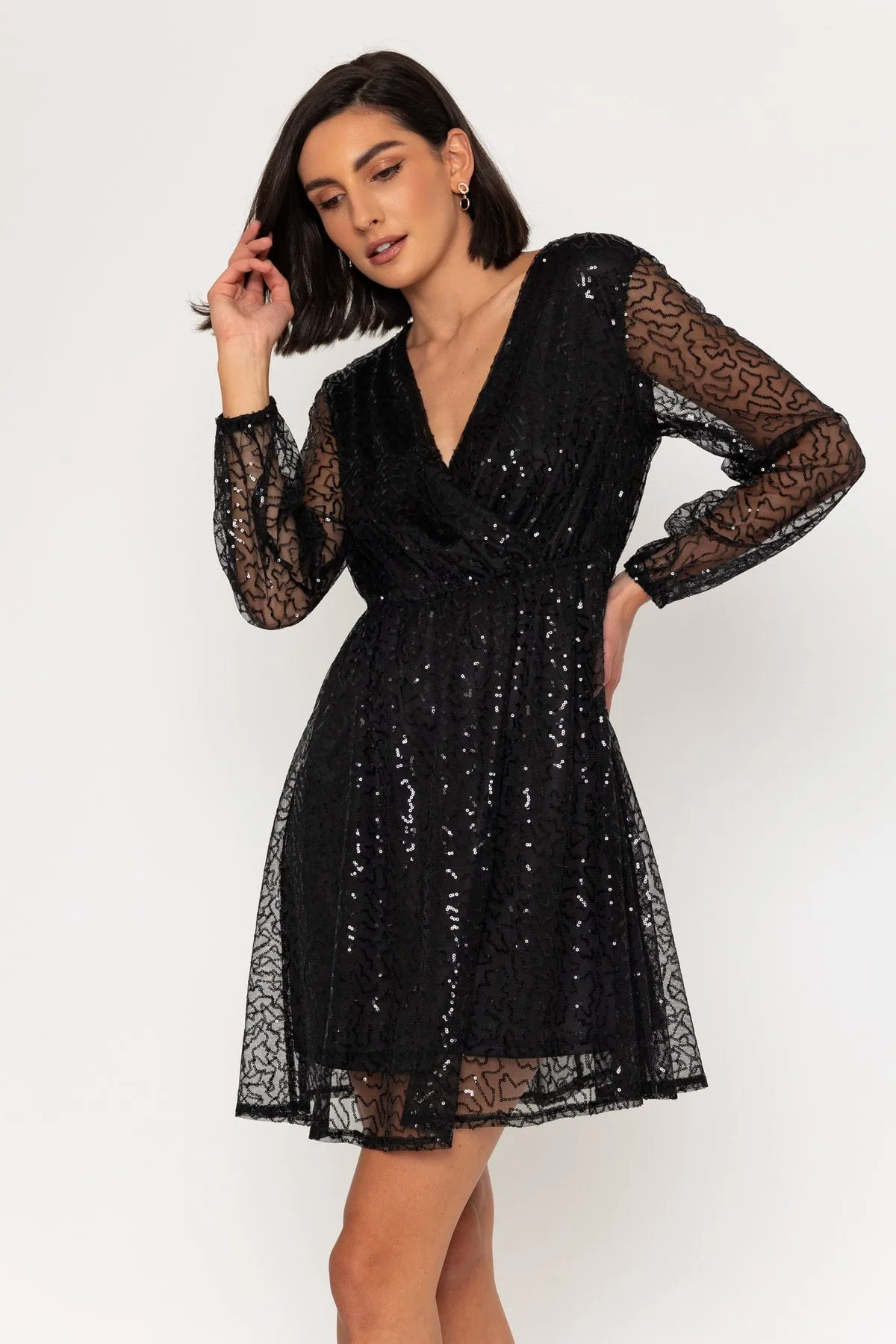 Long Sleeve Sequin Mini Dress in Black