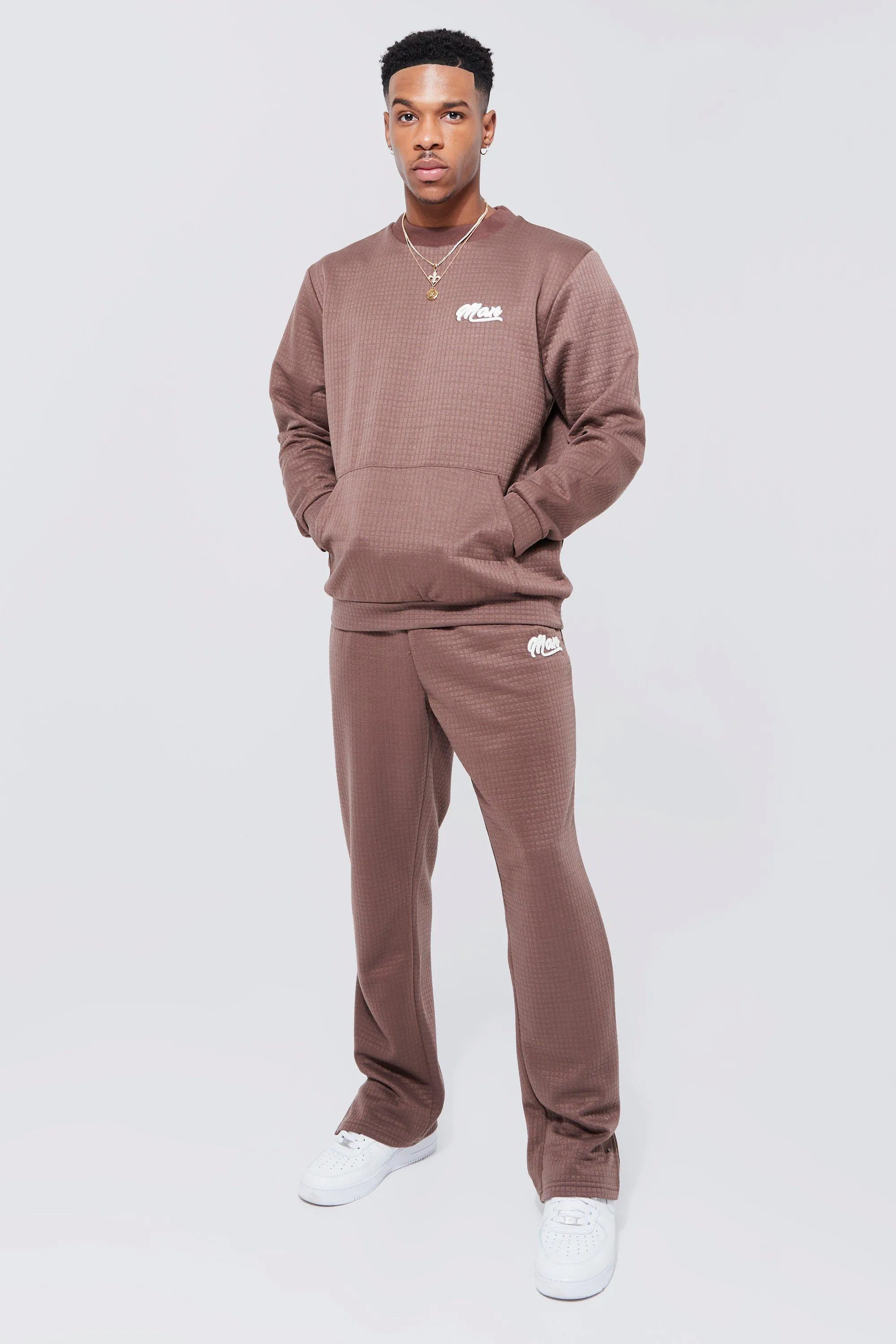 Man Heavyweight Waffle Sweatshirt Tracksuit | boohooMAN UK