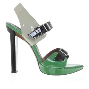 Marni green, black and beige patent leather sandal heels