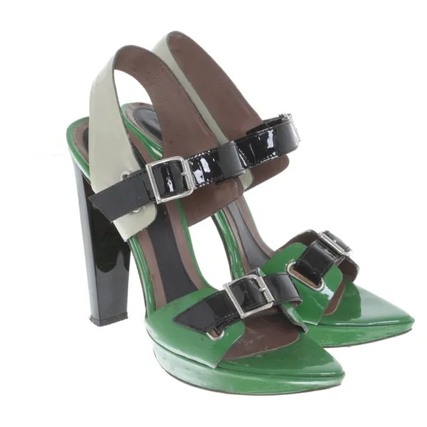 Marni green, black and beige patent leather sandal heels