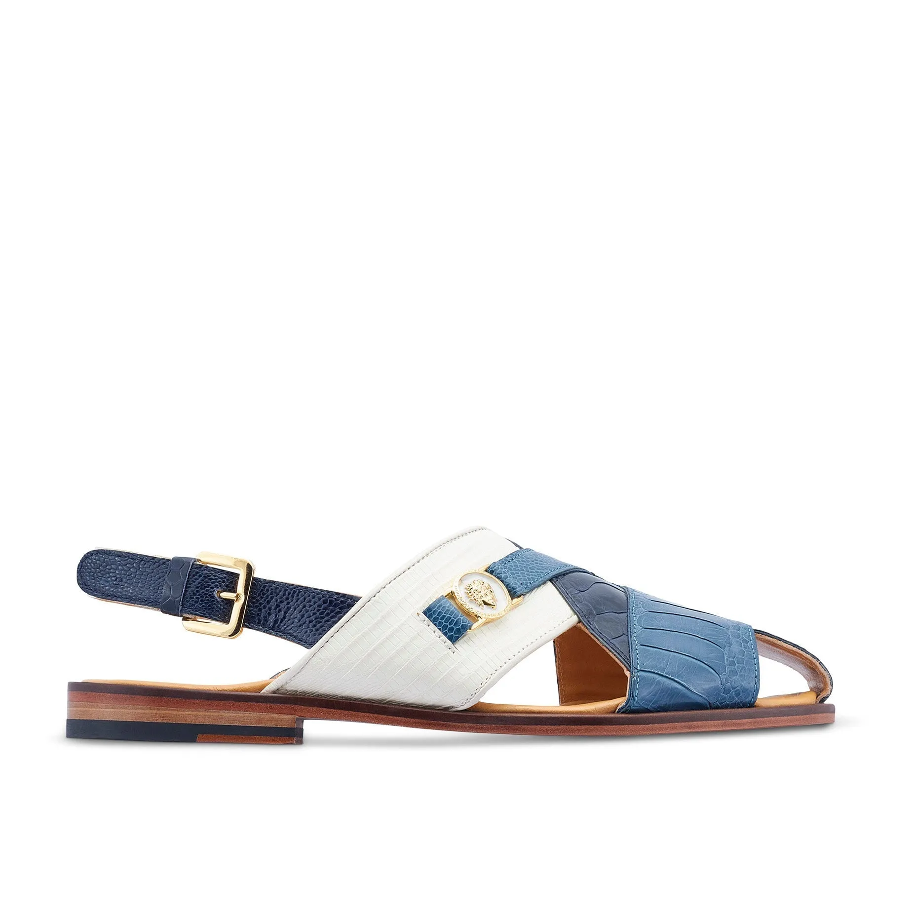 Mauri 5076 Romano Men's Shoes Two-Tone Blue & Cream Exotic Ostrich Leg / Tejus Lizard Sandals (MA5429)