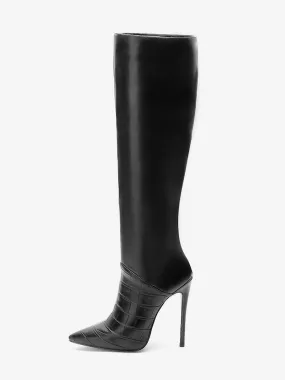 Mid Calf Boots with Pointed Toe and Stiletto Heel in Black