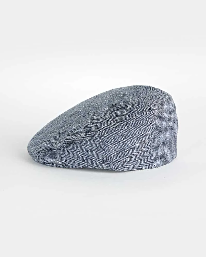 Navy Herringbone 100% Silk Flat Cap