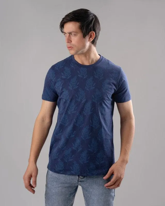 Navy Round Neck Pattern T-Shirt