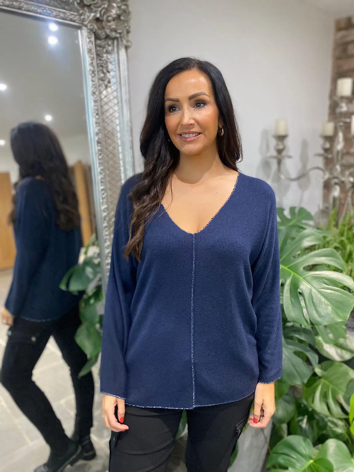 Navy Shimmer Knit V Neck Top - Selina