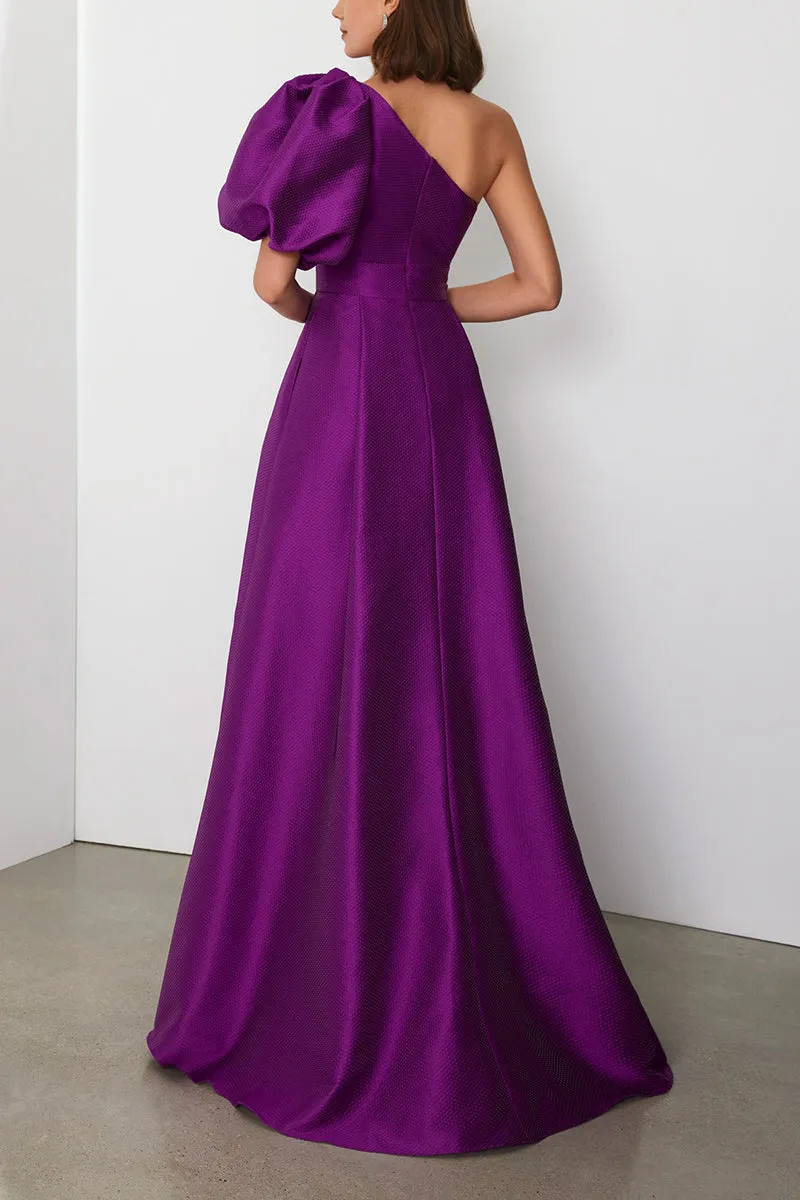 One Shoulder Empire Waist Satin Cocktail Dress with Puff Sleeves