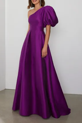 One Shoulder Empire Waist Satin Cocktail Dress with Puff Sleeves