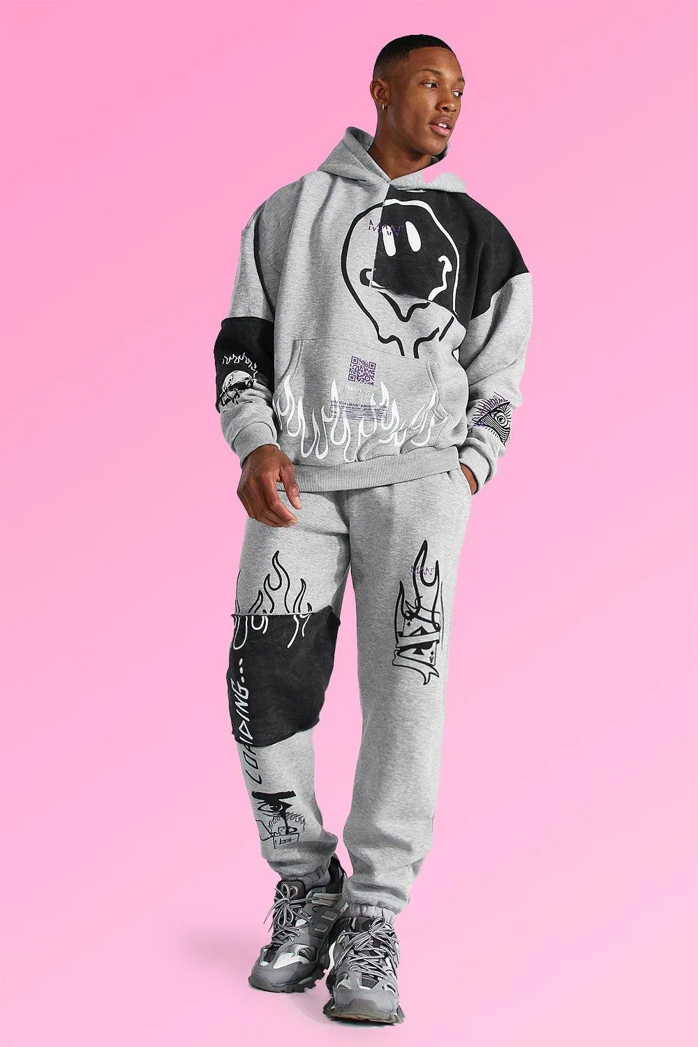 Oversized Graffiti Patchwork Hooded Tracksuit | boohooMAN UK