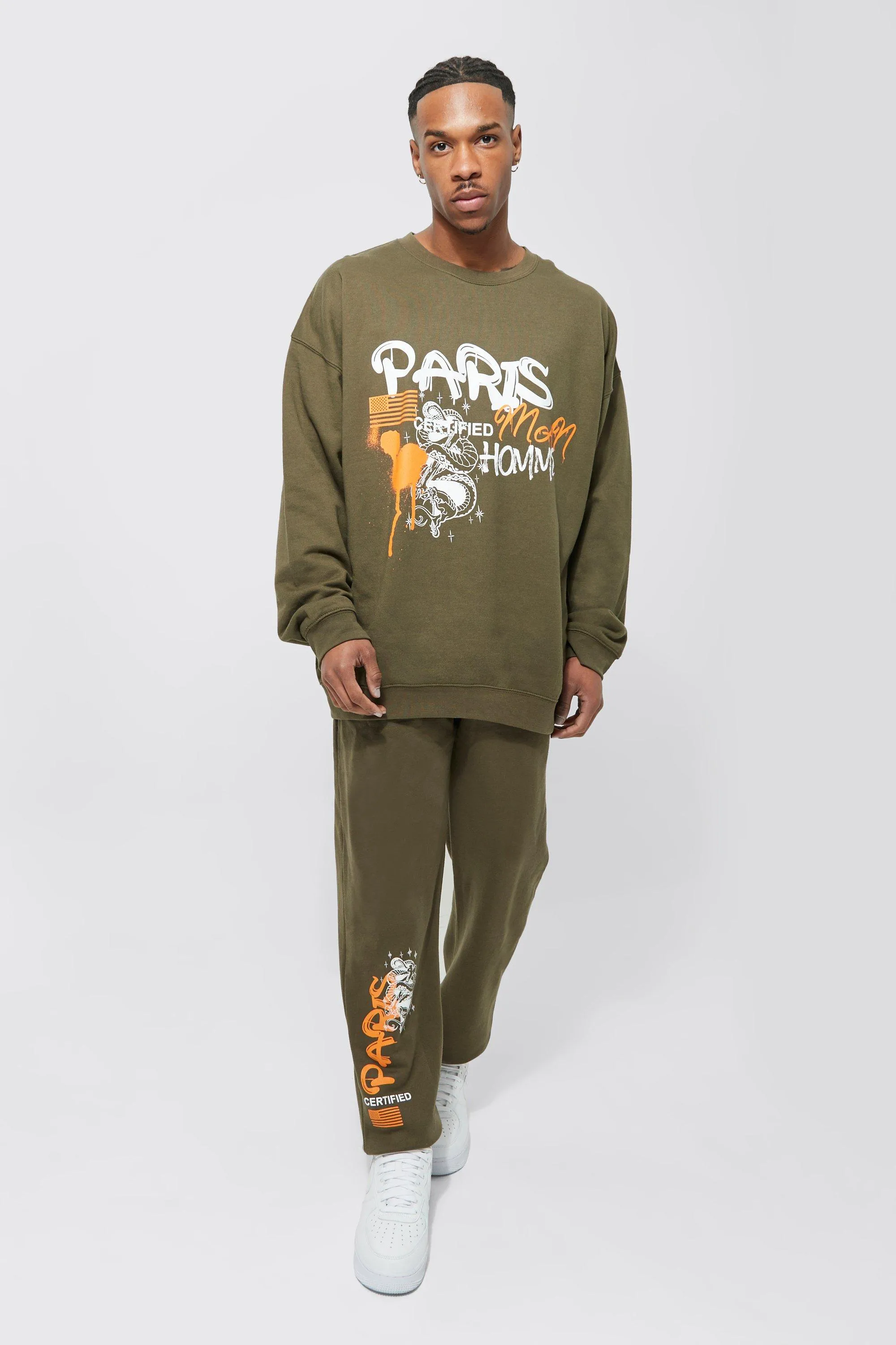 Oversized Paris Graphic Sweatshirt Tracksuit | boohooMAN UK