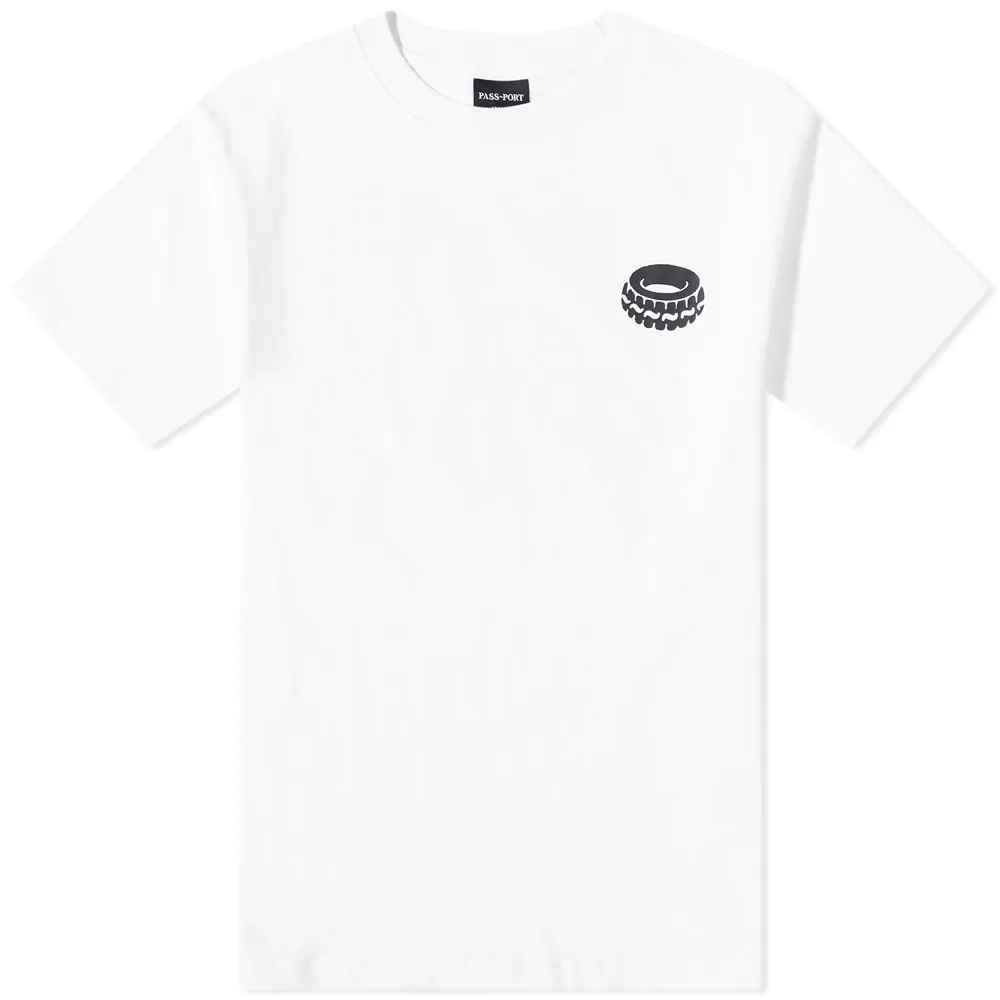 Pass-Port White T-Shirt with Flat Tire Design