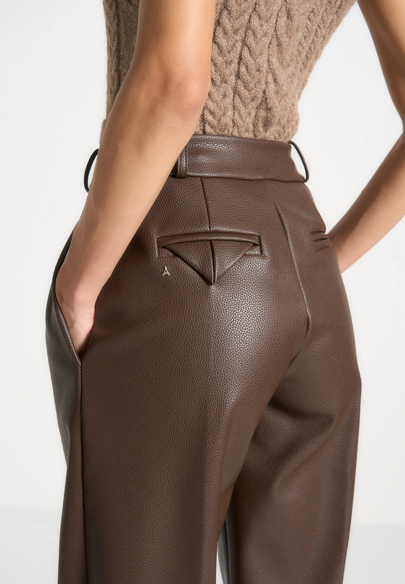 Pebbled Leather Pleated Stacked Trousers - Brown