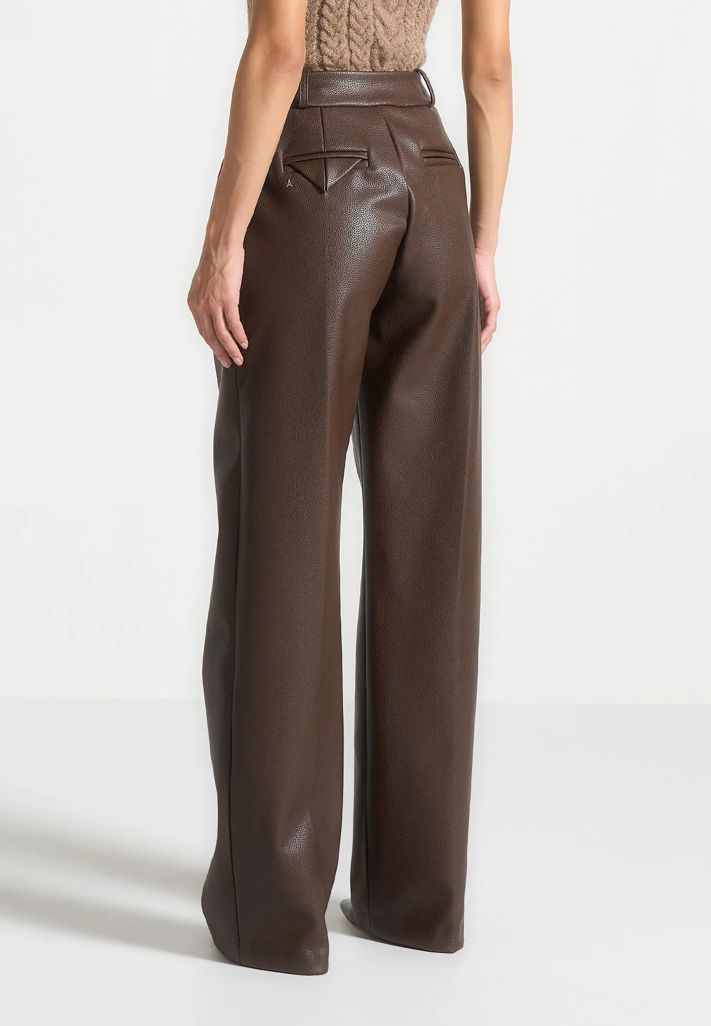 Pebbled Leather Pleated Stacked Trousers - Brown