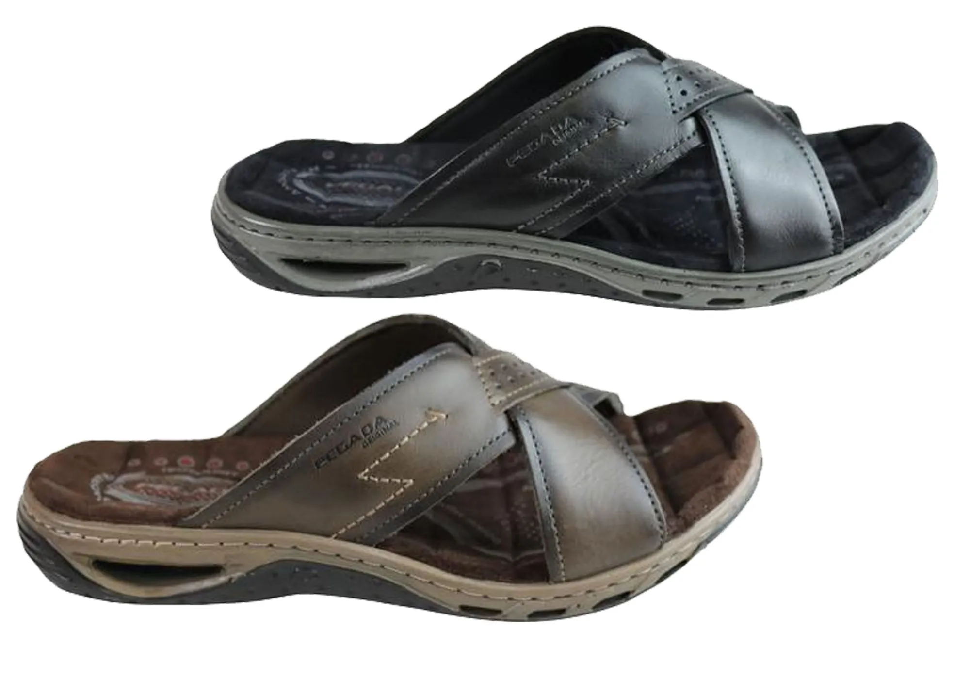 Pegada Jerry Mens Leather Comfy Cushioned Slide Sandals Made In Brazil