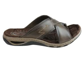 Pegada Jerry Mens Leather Comfy Cushioned Slide Sandals Made In Brazil