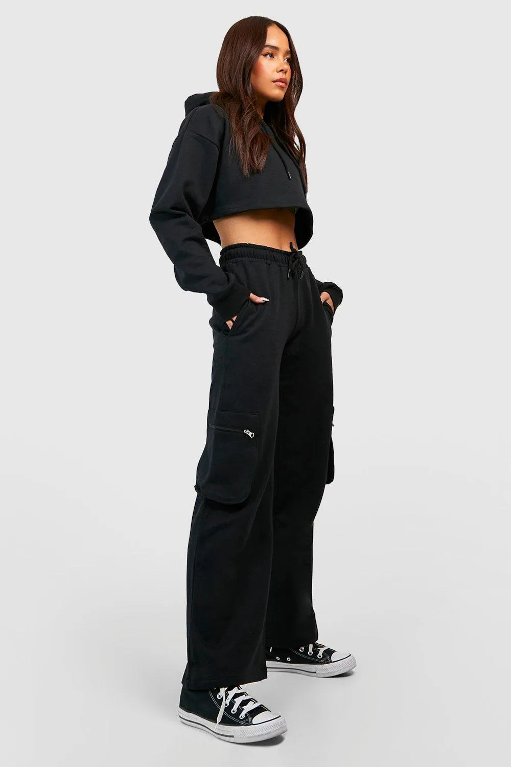 Petite Crop Hoody And Cargo Jogger Tracksuit