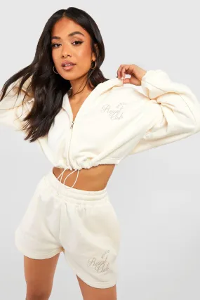 Petite Cropped Zip Through Embroidered Short Tracksuit