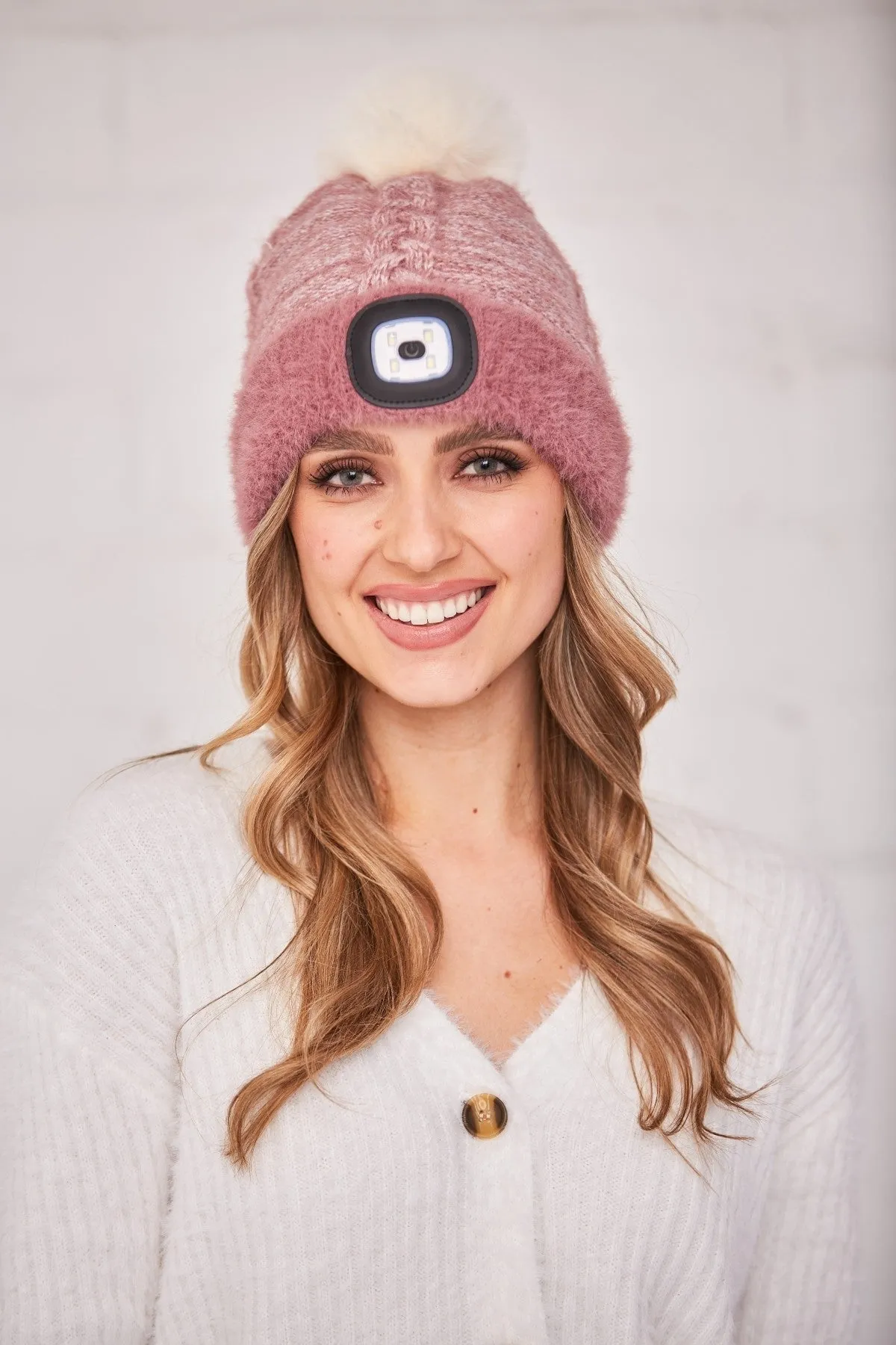 Pink Chunky Knit Hat With LED Torch