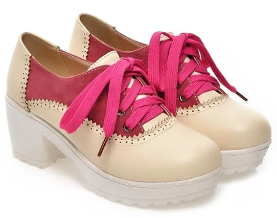 Pink Cream Vintage Chunky Sole Block Lace Up Heels Platforms Oxfords Shoes