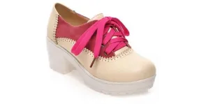 Pink Cream Vintage Chunky Sole Block Lace Up Heels Platforms Oxfords Shoes