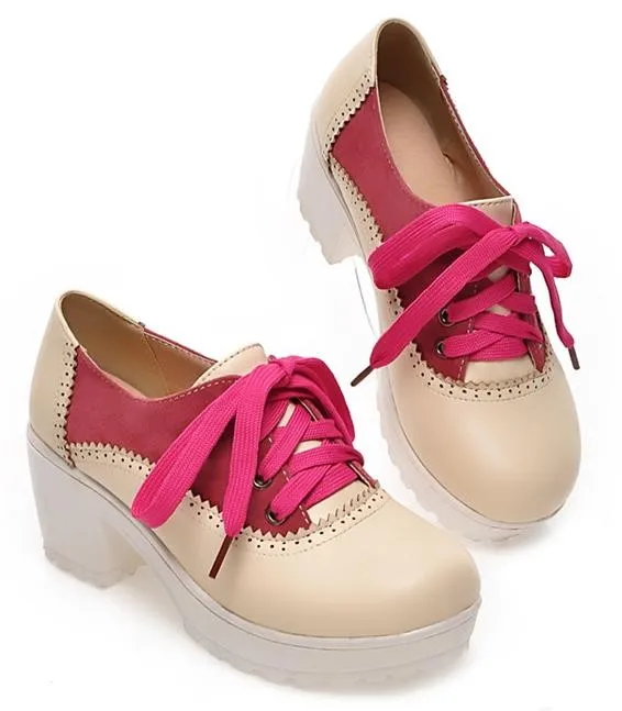 Pink Cream Vintage Chunky Sole Block Lace Up Heels Platforms Oxfords Shoes