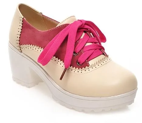 Pink Cream Vintage Chunky Sole Block Lace Up Heels Platforms Oxfords Shoes