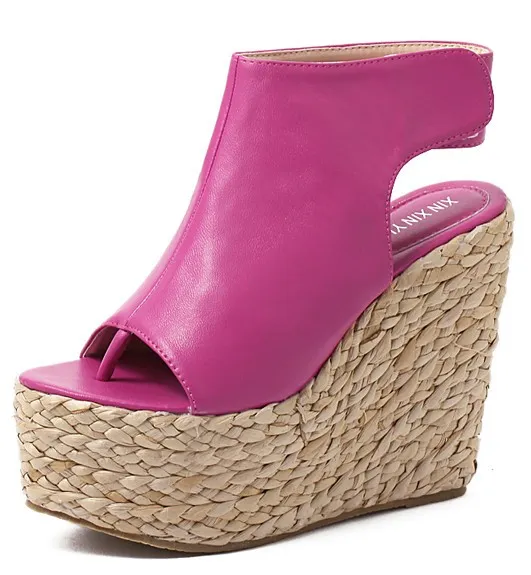 Pink Fushia Peeptoe Slingback Wedges with Braided Straw Knitted Platforms Sandals