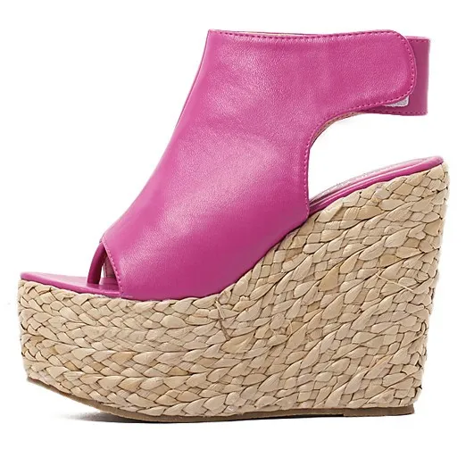 Pink Fushia Peeptoe Slingback Wedges with Braided Straw Knitted Platforms Sandals