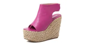 Pink Fushia Peeptoe Slingback Wedges with Braided Straw Knitted Platforms Sandals