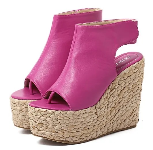 Pink Fushia Peeptoe Slingback Wedges with Braided Straw Knitted Platforms Sandals