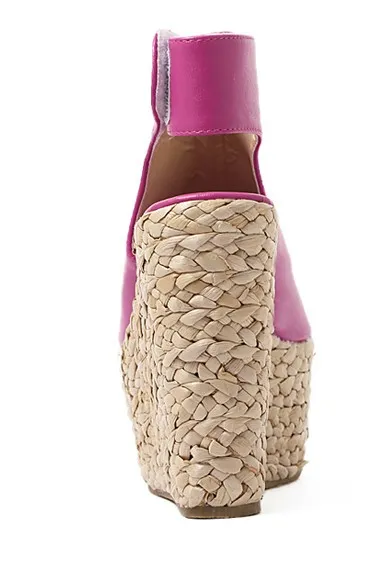 Pink Fushia Peeptoe Slingback Wedges with Braided Straw Knitted Platforms Sandals