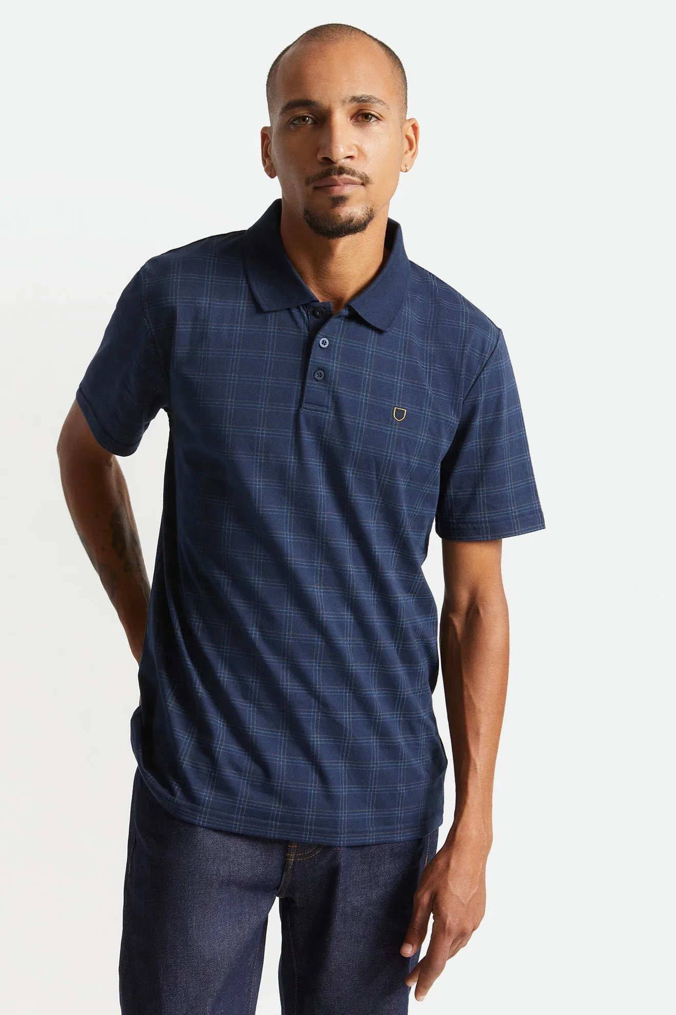 Plaid Utility S/S Polo Knit - Navy