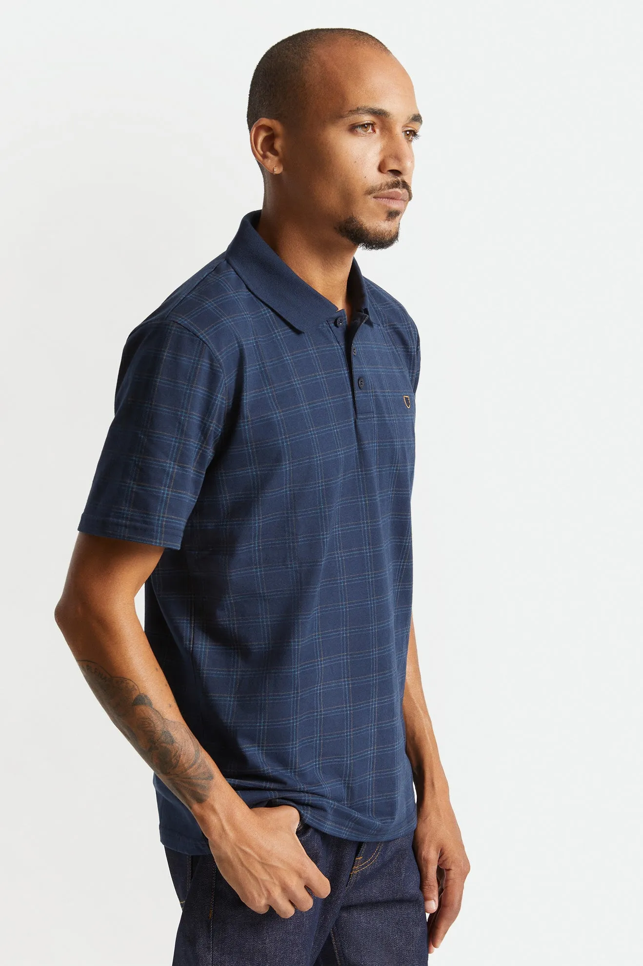 Plaid Utility S/S Polo Knit - Navy