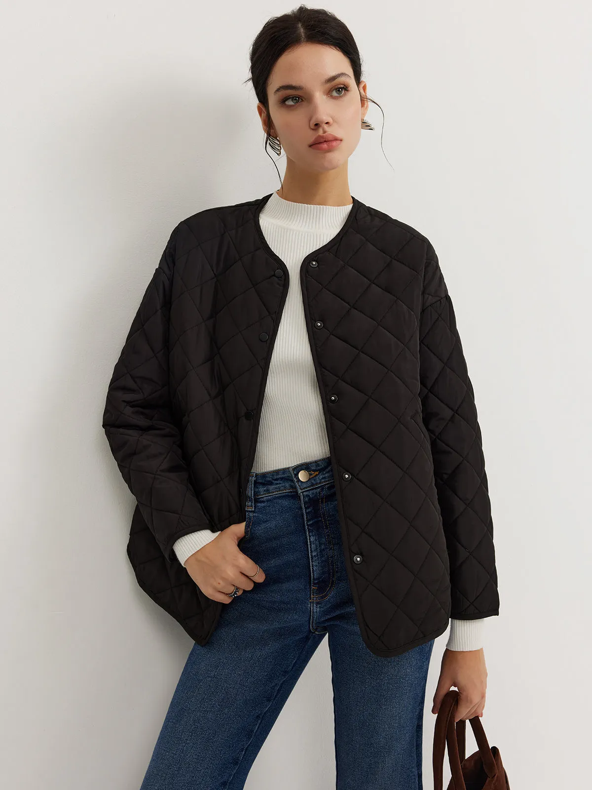 Plain Quilted Button Winter Coat With Matching Scarf