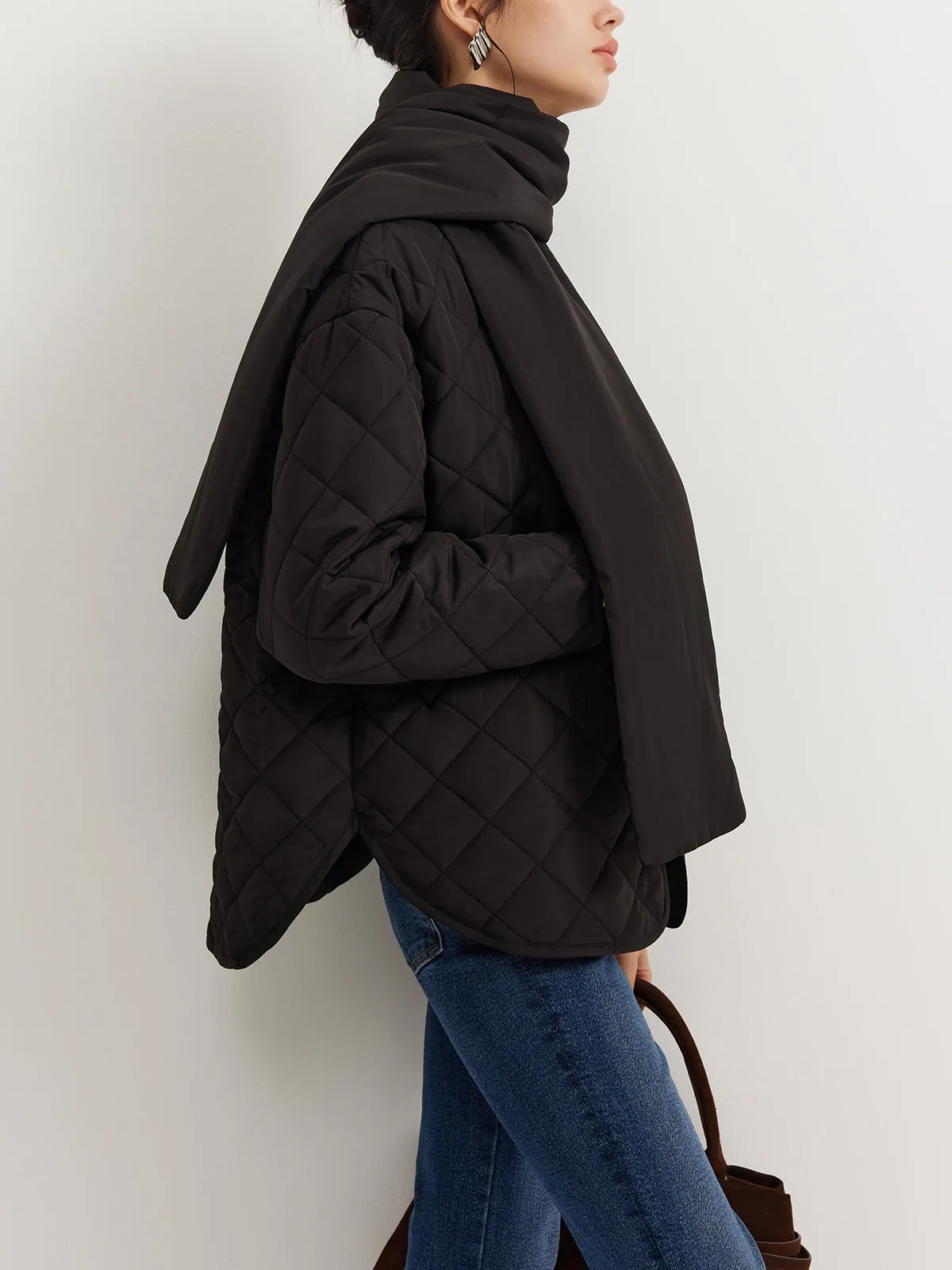 Plain Quilted Button Winter Coat With Matching Scarf